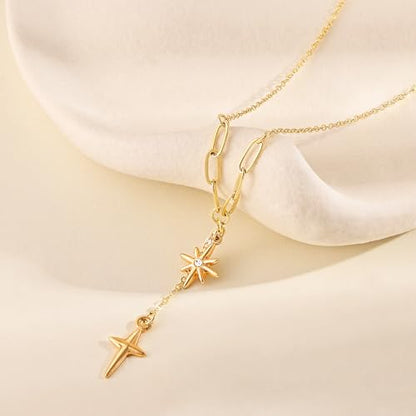 CHESKY Lariat Necklace for Women，14k Gold/Sliver Plated Layered Necklace | Gold/Sliver Long Necklace，Dainty Cross Pendant, Wedding Y-Shaped Drop Chain, Waterproof Jewelry Gift for Women Everyday Wear - style: Ystar