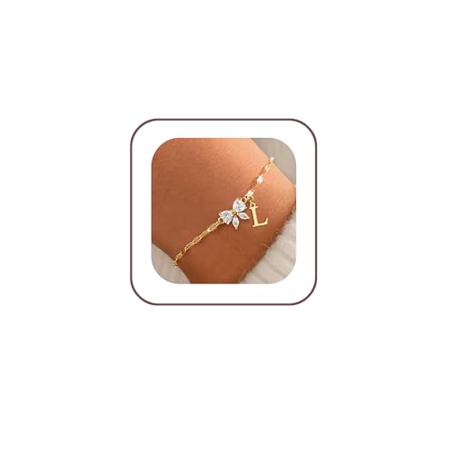 Gold Initial Bracelet for Women Teen Girls 14k Gold Plated Dainty Butterfly Charm Letter Bracelet for Birthday Jewelry Gifts - color: Gold-L
