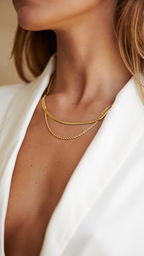 CONRAN KREMIX Waterproof Gold Necklace Layered Necklaces for Women Non Tarnish,14k Gold Plated Stainless Steel Dainty Stack Thin Chain Necklace Set for Women Gifts Jewelry - color: Gold-04
