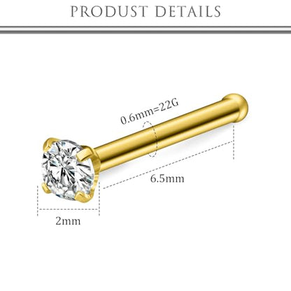 Hoeudjo Nose Studs Surgical Steel Cubic Zirconia Nose Rings Kit for Women Men Tiny Nose Stud Bone & Screw & L Shaped Nostril Piercing Jewelry 24/22/20/18 Gauge 10 Pieces - color: gold-tone,nose bone studs, size: 22g/2mm clear CZ