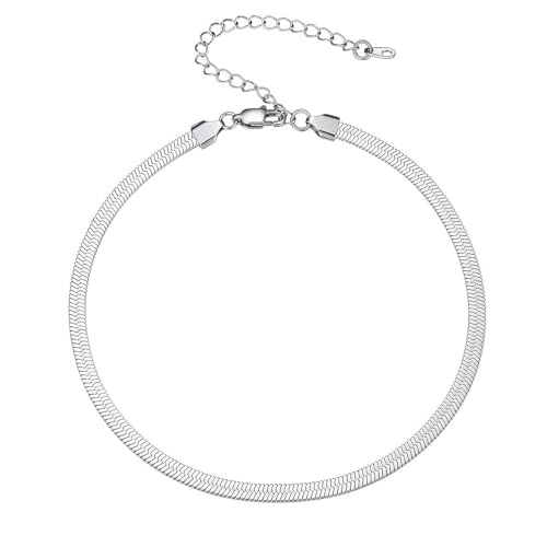 PROSTEEL 3mm/5mm Herringbone Choker Necklace for Women, 12.5"/15"/18", Stainless Steel/Sterling Silver Flat Snake Chain in Silver/Yellow Gold/Rose Gold/Black, Come with Box - color: 5mm-Stainless Steel, size: 15 Inch