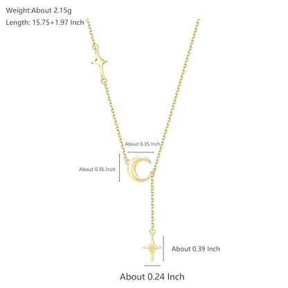 Dainty Crescent Moon Star Necklace for Women 925 Sterling Silver Y Shape Drop Lariat Necklace Trendy Pendant Choker Necklace Jewelry Birthday Ramadan Mothers Day Jewelry Gifts - color: Silver