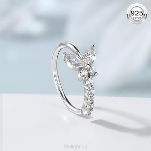 Melighting 20G Nose Ring Hoop 925 Sterling Silver Butterfly Flower Nose Hoop Seamless Open Helix Piercing Clear Double CZ 8 mm Cartilage Earring Nose Piercing for Women - color: Butterfly