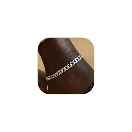 FOCALOOK 14K Gold Plated Anklets for Women Waterproof Plus Size Ankle Bracelet 8.5-10.5 Inch Adjustable Mariner/Figaro/Flat Snake/Cuban Link Chain Anklet Jewelry for Summer Beach Holiday - color: A:6mm Cuban-Silver