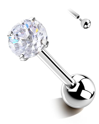 G23 Solid Titanium Tongue Ring Barbell 14G Firework CZ Bar Tongue Rings Surgical Steel Toungue Piercing - color: Silver