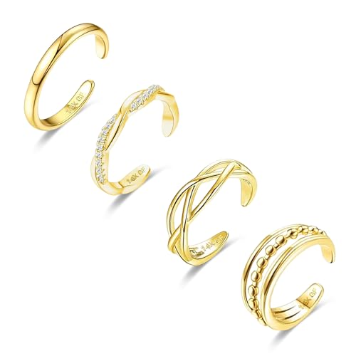 LOFITOR 4PCS Gold Toe Rings for Women Non Tarnish Waterproof Toe Ring Set | 14K Gold Filled Dainty Stackable Cute Thin Adjustable Open Band Toe Ring Cz Foot Jewelry For Beach Summer Hawaiian - style: Fashion
