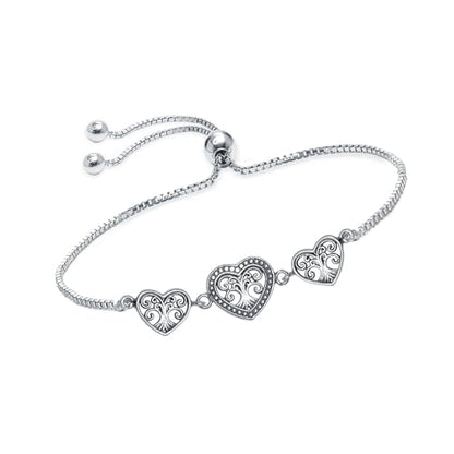 Charmsy 925 Sterling Silver Sliding Bolo Bracelet for Women | Women's Italian Handmade Adjustable Bolo Bead Ball Slider Bracelet - style: Heart Bali-Style