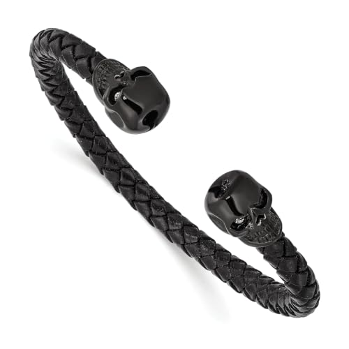 Chisel Skull Braided Leather Cuff Bangle in Stainless Steel