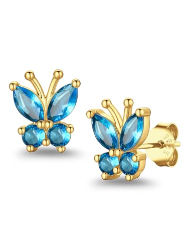 Suplight Butterfly Stud Earrings 925 Sterling Silver 14K Gold Brithstone Earrings for Women Brithstone Jewelry Gifts - color: 12.December (Blue Topaz), size: Gold