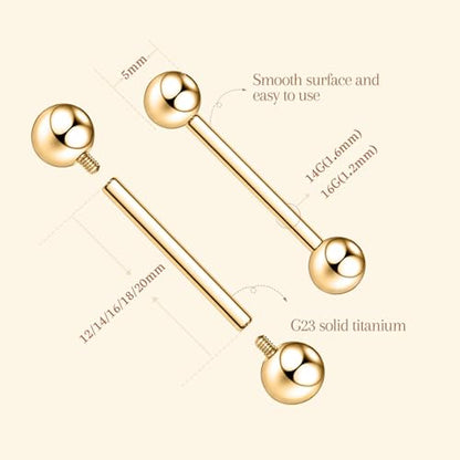 AROWRO Nipple Piercing Jewelry G23 Titanium Nipple Rings Tongue Rings Nipple Bar 14G Internally Threaded Straight Barbells Bridge Piercing Jewelry 12mm-20mm - color: Gold
