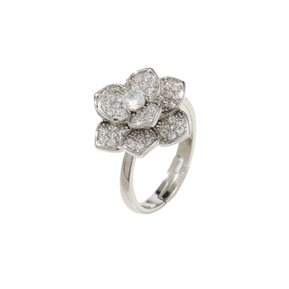 Crystal Rose Flower Spinner Fidget Open Statement Ring for Women CZ Floral Rotated Relief Anxiety Stacking Finger Rings Wedding Engagement Promise Bands Dainty Birthday Jewelry for Adjustable - color: Silver