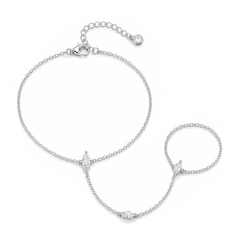 Bracelets for Women, Dainty Gold Silver Ring Bracelet Hand Chain | Cubic Zirconia Pearl Charms, 14K Gold Plated, Adjustable Fit, Trendy Stackable Link Chain, Waterproof Jewelry, Gift for Her - color: Silver-marquise hand chain