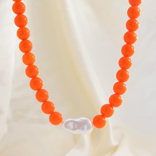 Colorful Faux Baroque Pearl Resin Beaded Choker Necklace Summer Tropical Jewelry for Women - color: Orange