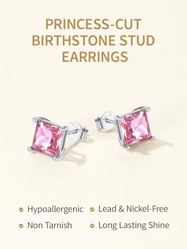 FindChic 2 Carat Birthstone Stud Earrings for Women, Round/Heart/Princess Cut Stud Earrings, Hypoallergenic Studs with 925 Sterling Silver Posts, 12 Months Birthday Jewelry Gift - color: 06. June-Alexandrite(Princess Cut)