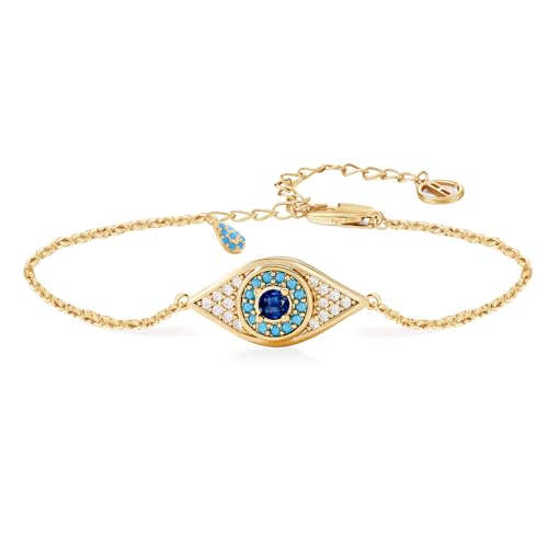 Cicy Bell Evil Eye Bracelets 18k Gold Plated Adjustable | Turquoise，Zirconia Link, Trendy Jewelry Gift for Women, 15.9" with 1.9'' Extender - color: A-Gold