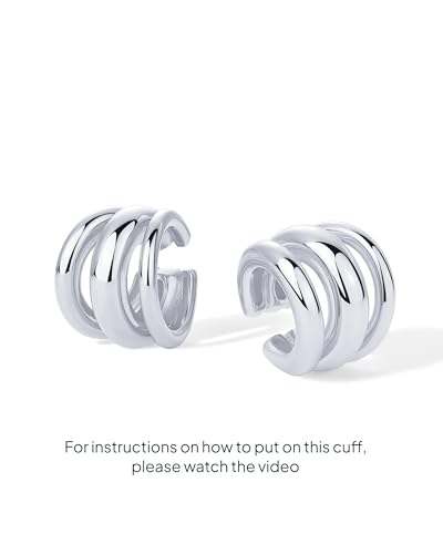 PAVOI 14K Gold Plated 925 Sterling Silver Round Huggie Ear Cuff Earrings for Women | Clip On Cartilage Cuff Earrings - style: Chunky Triple