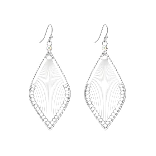 MALOYANVE Boho Leaf Thread Dangle Earrings for Women Handmade Crystal Teardrop Fringe Braided Silk Leaf Shape Drop Earrings Vintage Statement Earring Bohemian Jewelry Gift - color: Silver White
