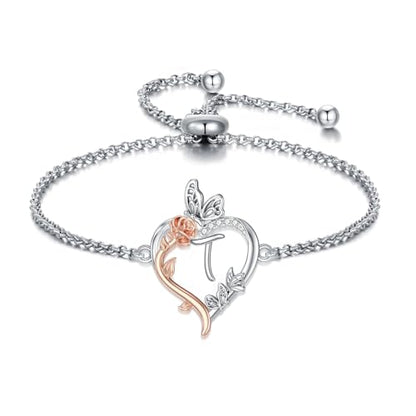 TOUPOP Gifts for Women Rose Heart Initial Bracelet 925 Sterling Silver Butterfly Letter Link Bracelet Love Jewelry Anniversary Birthday Gifts for Wife Girlfriend Mom Her - style: Initial T