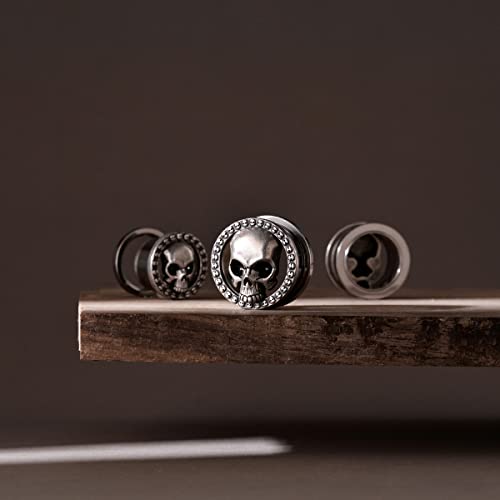 ERKUOO 2PCS Skull Ear Gauges Screw Ear Plugs Tunnels Ear Flesh Tunnels Piercing Earrings Hangers Expander Stretchers 0g-1"(8mm-25mm) - color: #3 Silver, size: 0g=8mm