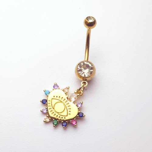 14G Blue CZ Evil Eye Sun Heart Dangle Belly Button Rings for Women 14K Gold Plated Surgical Steel Belly Navel Barbell Enamel Starry Sky Colorful Crystal Dangling Navel Rings Belly Piercing Jewelry - style: Style1