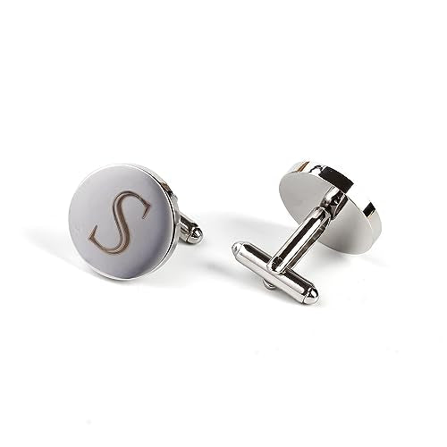 Mens Initial Silver Cufflinks A-Z Alphabet Letter Steel Cuff Links with Engraved Walnut Wood Box Groom Groomsman Wedding Set… - style: S