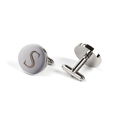 Mens Initial Silver Cufflinks A-Z Alphabet Letter Steel Cuff Links with Engraved Walnut Wood Box Groom Groomsman Wedding Set… - style: S