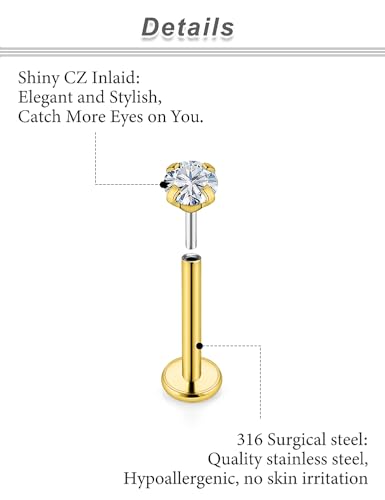20G 18G 16G Cubic Zirconia Nose Rings Studs 316L Surgical Steel Hypoallergenic Nose Piercings Jewelry for Women Men CZ 2mm-3mm 24 Pcs - color: 1-A:18G-Gold-6/7/8/10mm Bars-1.5/2/2.5/3/4 CZ
