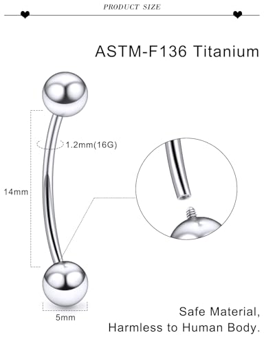 20G 18G 16G 14G 12G 8G 6G 4G 2G Astm F136 Titanium Internal Thread Eyebrow Piercing Jewelry Curved Barbell Vertical Labret Lip Daith Rook Earrings Navel Belly Button Ring Piercing Jewelry - style: 16G, 14MM Length, Ball