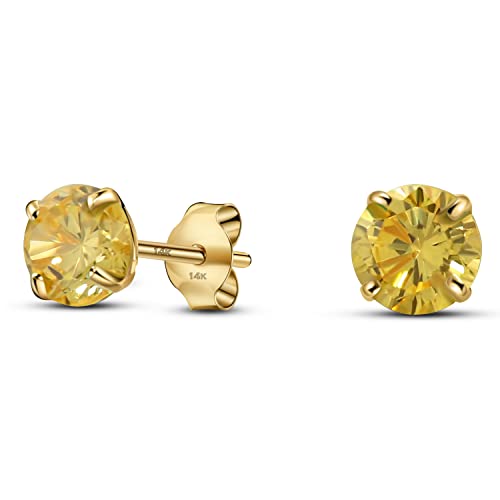 Solid 14K Yellow Gold Round Solitaire Simulated-Birthstone Minimalist Stud Earring - color: 11-November, size: 4mm