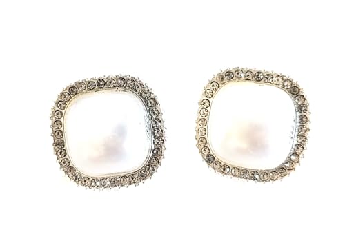 Clip-on Earrings Crystal Faux Pearl Square 1 inch Earrings Gold or Silver Earrings - color: Silver