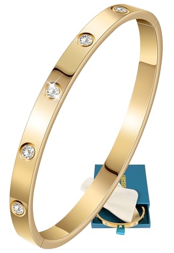 Waterproof 18K Gold PVD Plated Bracelet for Women, Non-Tarnish Stainless Steel Bangle with Engraved Cross Pattern and 5A Cubic Zirconia, Trendy Jewelry Gift for Her - color: Gold-Full CZ, M/L, size: M/L
