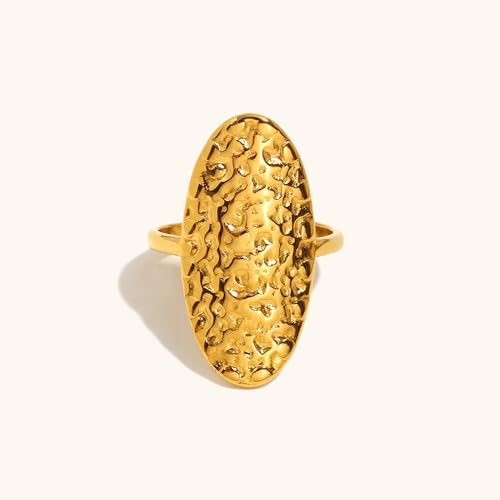 Adjustable Oval Hammered Statement Ring, 18K Gold Plated Stainless Steel Open Band, Textured Chunky Ring for Women, French Vintage Style