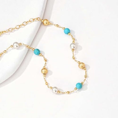 Gold Chain Bracelet for Women, 14K Gold Plated | Dainty Bracelets with Adjustable Chain, Trendy Jewelry Gift for Women - style: turquoise pearl