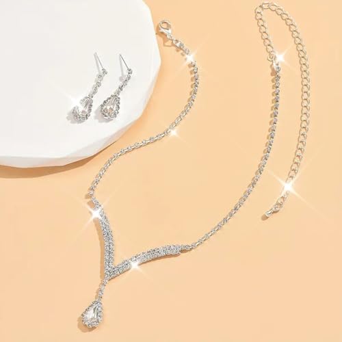 Bridal Wedding Jewelry Set Silver Rhinestone Necklace Earrings Sets Formal Costume Jewelry for Women and Brides - color: A-Silver