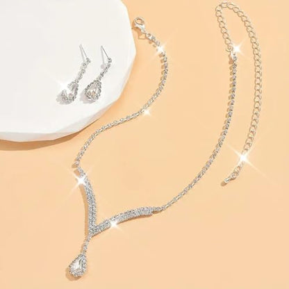 Bridal Wedding Jewelry Set Silver Rhinestone Necklace Earrings Sets Formal Costume Jewelry for Women and Brides - color: A-Silver