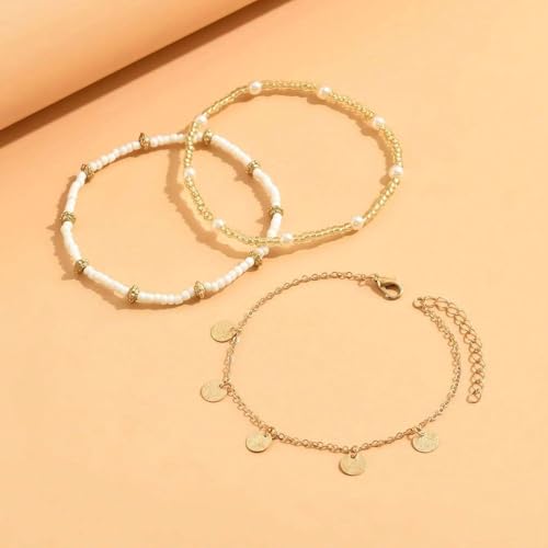 Qceasiy Shell Ankle Bracelets for Women, Boho Beaded Beach Anklet Set | Seashell, Heart, Starfish and Conch Styles, Gold-Tone, Stretch or Adjustable Fit, Layered Beach Vacation Jewelry Gifts - color: Gold 1