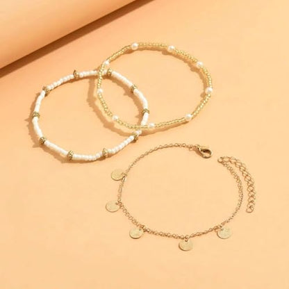 Qceasiy Shell Ankle Bracelets for Women, Boho Beaded Beach Anklet Set | Seashell, Heart, Starfish and Conch Styles, Gold-Tone, Stretch or Adjustable Fit, Layered Beach Vacation Jewelry Gifts - color: Gold 1