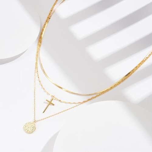 Layered Necklaces for Women Non Tarnish Dainty 14K Gold Plated Snake Chain | Cross & Disc Pendant Stack Choker Necklace, Trendy Minimalist Waterproof Faith Jewelry Set