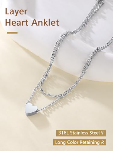 FindChic Stainless Steel Ankle Bracelets for Women, Waterproof Figaro/Cuban/Box/Beaded Chain Anklets, Summer Beach Foot Jewelry, 8.5''-10.5'' Adjustable Length, with Gift Box - style: Layered Heart Charm-Silver