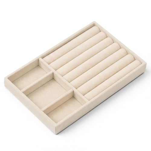Jewelry Box Insert Organizer for Drawer, Stackable Trays Velvet Jewelry Drawer Inserts, Ring Earring Stud Necklace Holder Display Storage Case(Beige, 8.3 x 4.9in) - color: Beige