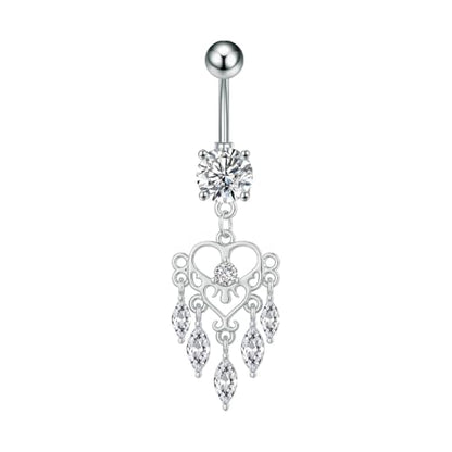 14G Boho Dangle Belly Button Ring, Stainless Steel Tassel Crystal Love Heart Chandelier Navel Piercing Barbell Belly Rings Body Piercings Jewelry for Women - color: Silver
