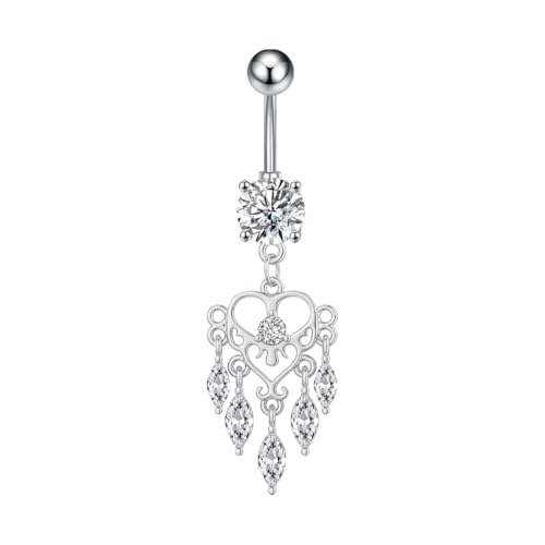 14G Boho Dangle Belly Button Ring, Stainless Steel Tassel Crystal Love Heart Chandelier Navel Piercing Barbell Belly Rings Body Piercings Jewelry for Women - color: Silver