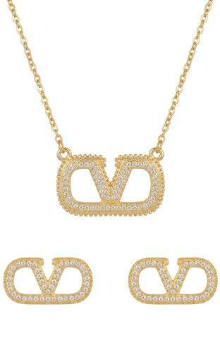 ZYRA Gold Plated Clover Four Leaf Necklace Pendant and Earrings for Women Clover Set Jewelry Gifts for Women - color: Valentino Gold