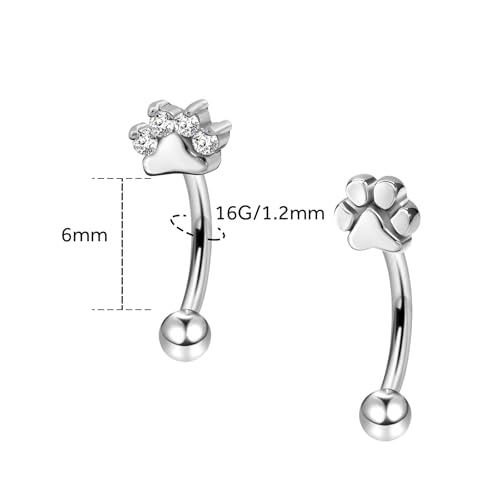 2Pcs Cat Paw Gold Eyebrow Rings Rook Piercing Jewelry 16G 6mm 8mm Threaded Cartilage Tragus Earrings 316L Stainless Steel Paw Prints Vertical Labret Lip Piercing Jewelry - color: Silver, size: 16 gauge(1.2mm)-6mm