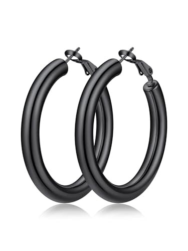 FaithHeart Silver/Black/Gold Stainless Steel Chunky Hoop Earrings for Women | Hypoallergenic Lightweight Hoop Earrings, Trendy Statement Thick Hoop, 20/30/40/50/60/70/80mm - color: Black, size: 40mm