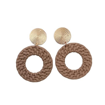Boho Acrylic Geometric Round Braided Drop Dangle Earrings for Women - color: Brown