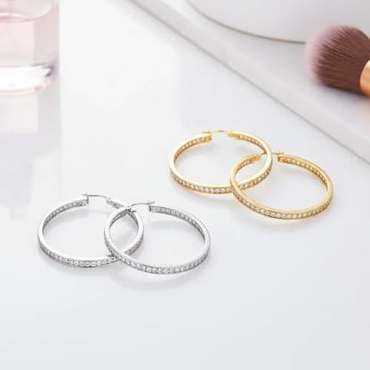 Stainless Steel Inside Out 40mm Hoop Earrings for Women – Sparkling CZ Crystal Hoops, Hypoallergenic, Lightweight, Modern Everyday Earrings – Silver, 18K Gold Plated, & Black Options - color: Silver + 18K Gold Plated