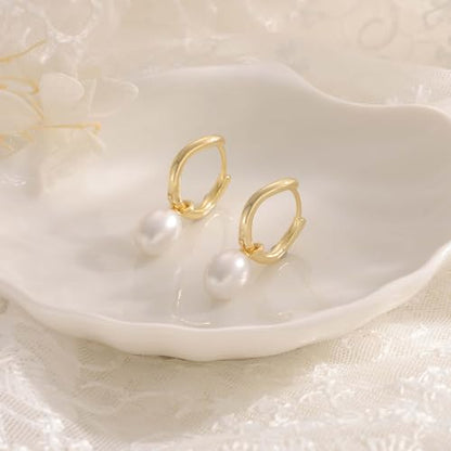 Robaice Pearl Earrings for Women, 14K Gold Plated Dangle Drop Earrings | Small Pearl Drop Huggie Hoop Earrings, Hypoallergenic Dainty Gold Earrings, Wedding Jewelry Gifts for Women Trendy - style: irregular pearl earrings