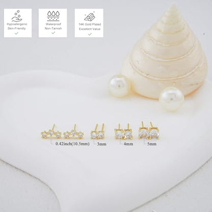 Stud Earring for Women, 14K Gold Silver Plated Hypoallergenic Studs Set | Trendy Cartilage Tragus Helix Clover Flower Earring Stack for Multiple Piercing, Dainty Cute Small Jewelry Gift, Non Tarnish - style: GD-CZ/Climbers-4 Pairs