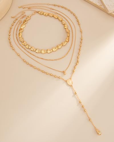 Gold Layered Necklaces for Women Chunky Layered Gold Necklaces Stacked Paperclip Chain Pearl Necklace Herringbone Toggle Clasp Choker Trendy Statement Jewelry Gifts - color: B2:long gold necklaces